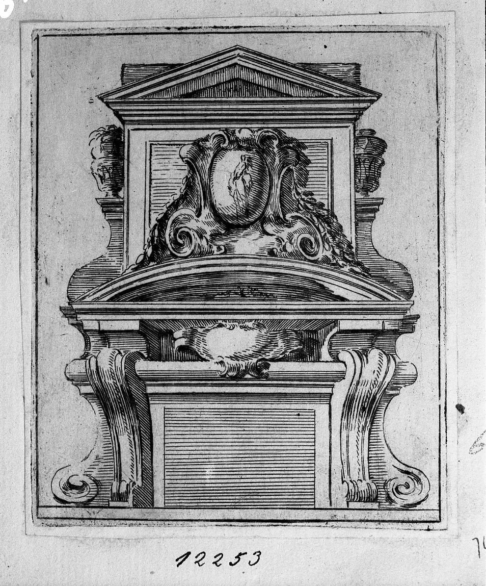 Ornato architettonico per stufa con vasi ai lati (stampa) di Buffagnotti Carlo Antonio (sec. XVIII)