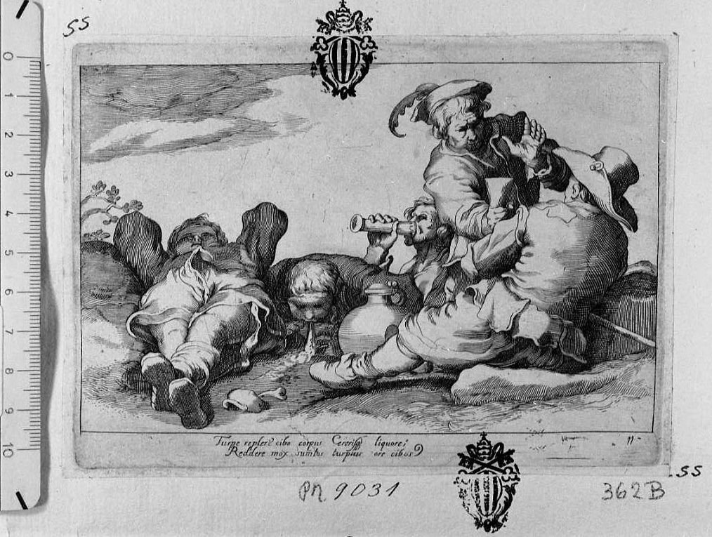 Cinque uomini coricati (stampa) di Bloemaert Cornelis il Giovane (sec. XVII)