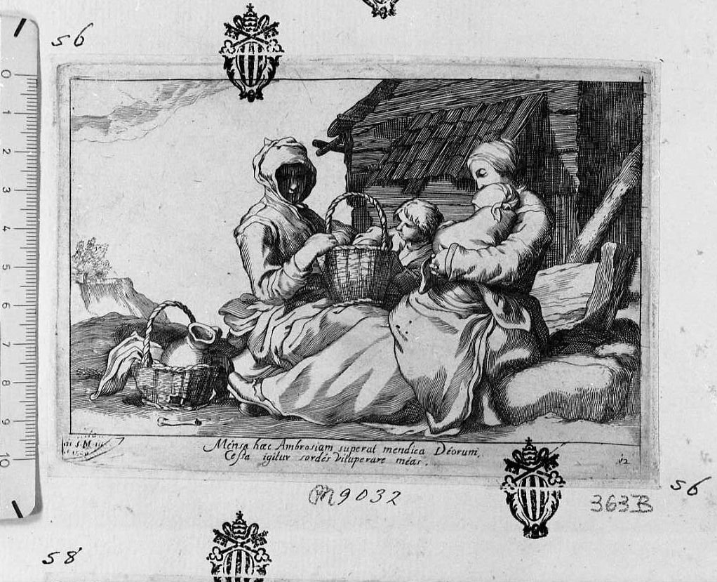 Due donne sedute presso una capanna (stampa) di Bloemaert Cornelis il Giovane (sec. XVII)