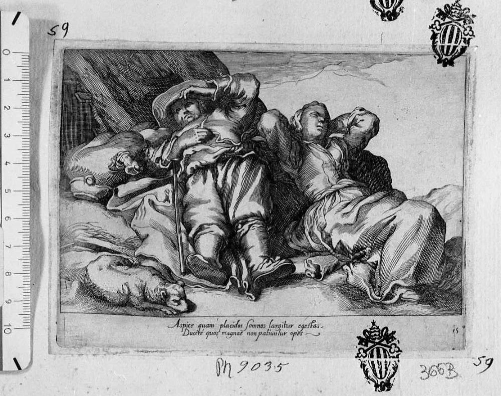 Coppia di contadini che dorme (stampa) di Bloemaert Cornelis il Giovane (sec. XVII)