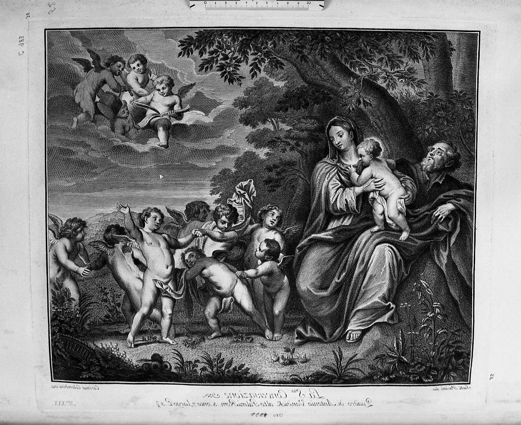 Sacra Famiglia sotto un albero con angioletti danzanti (stampa) di Van Dyck Anton, Colombini Cosimo (secc. XVIII/ XIX)
