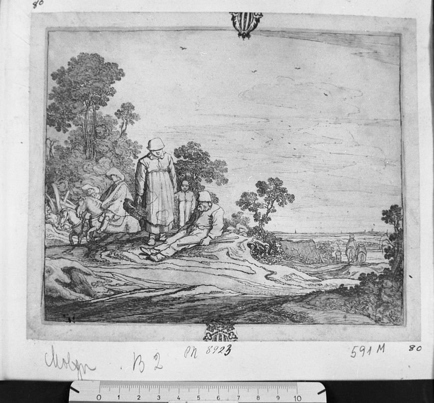 Paesaggio con donna con paniere e ragazzo (stampa) di De Molyn Pieter (sec. XVII)