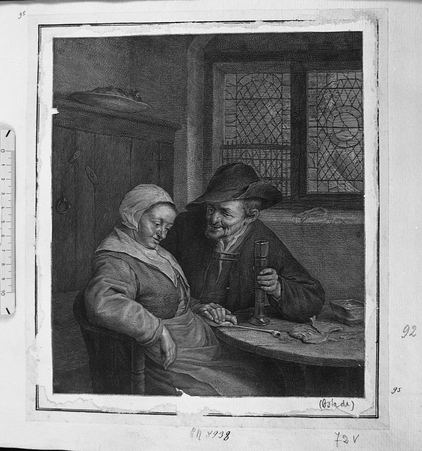 La coppia anziana al tavolo (stampa) di Visscher Cornelis II (attribuito) (sec. XVII)