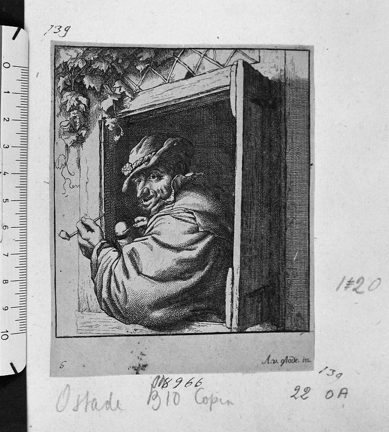 Il fumatore alla finestra (stampa) di Van Ostade - ambito fiammingo (sec. XVII)