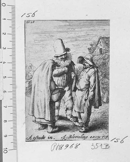 Tre uomini grotteschi e una donna con cesto (stampa) di Van Ostade (sec. XVII)