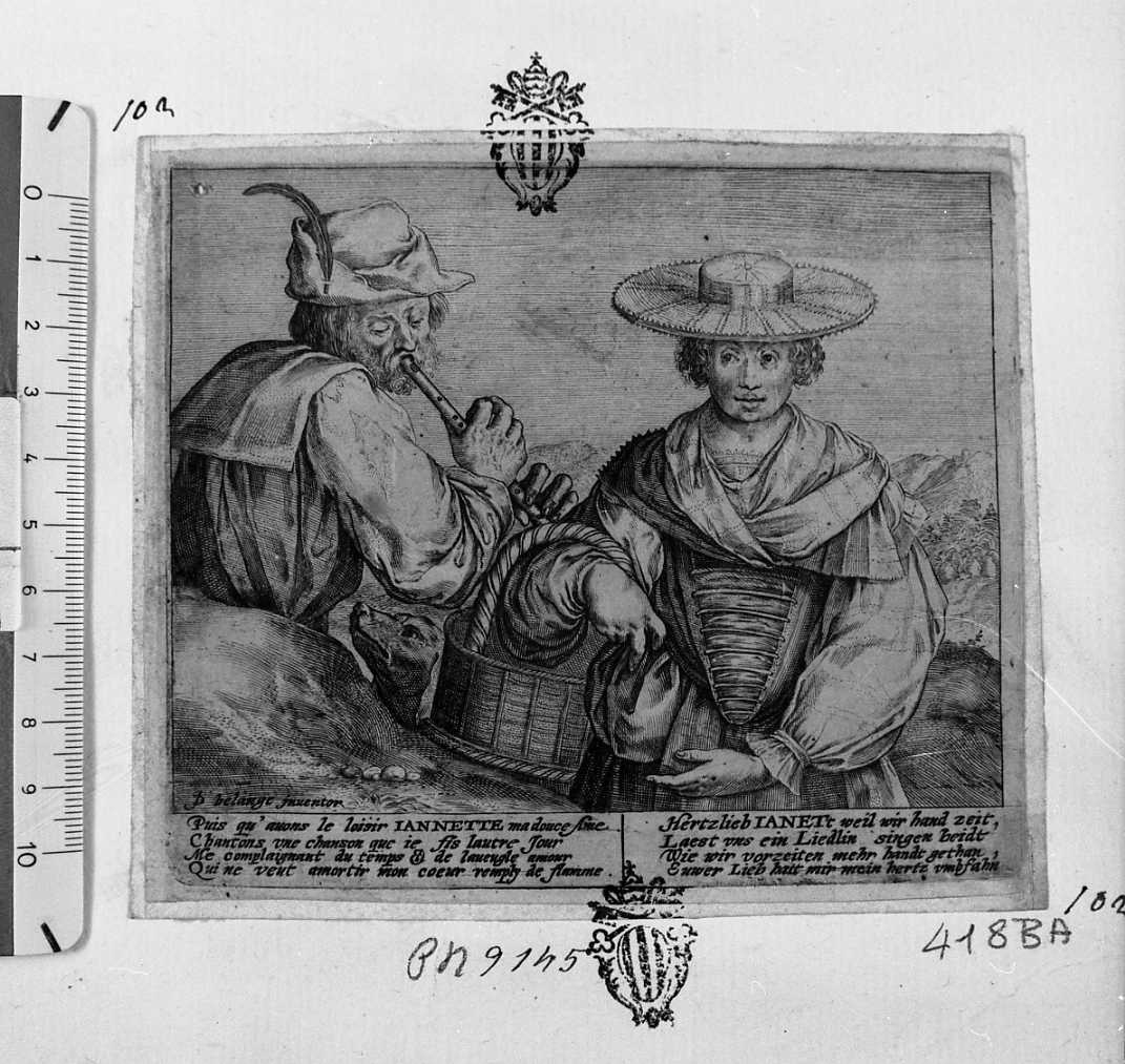 Contadino con piffero e contadina con cesto (stampa) di Bellange Jacques (sec. XVII)
