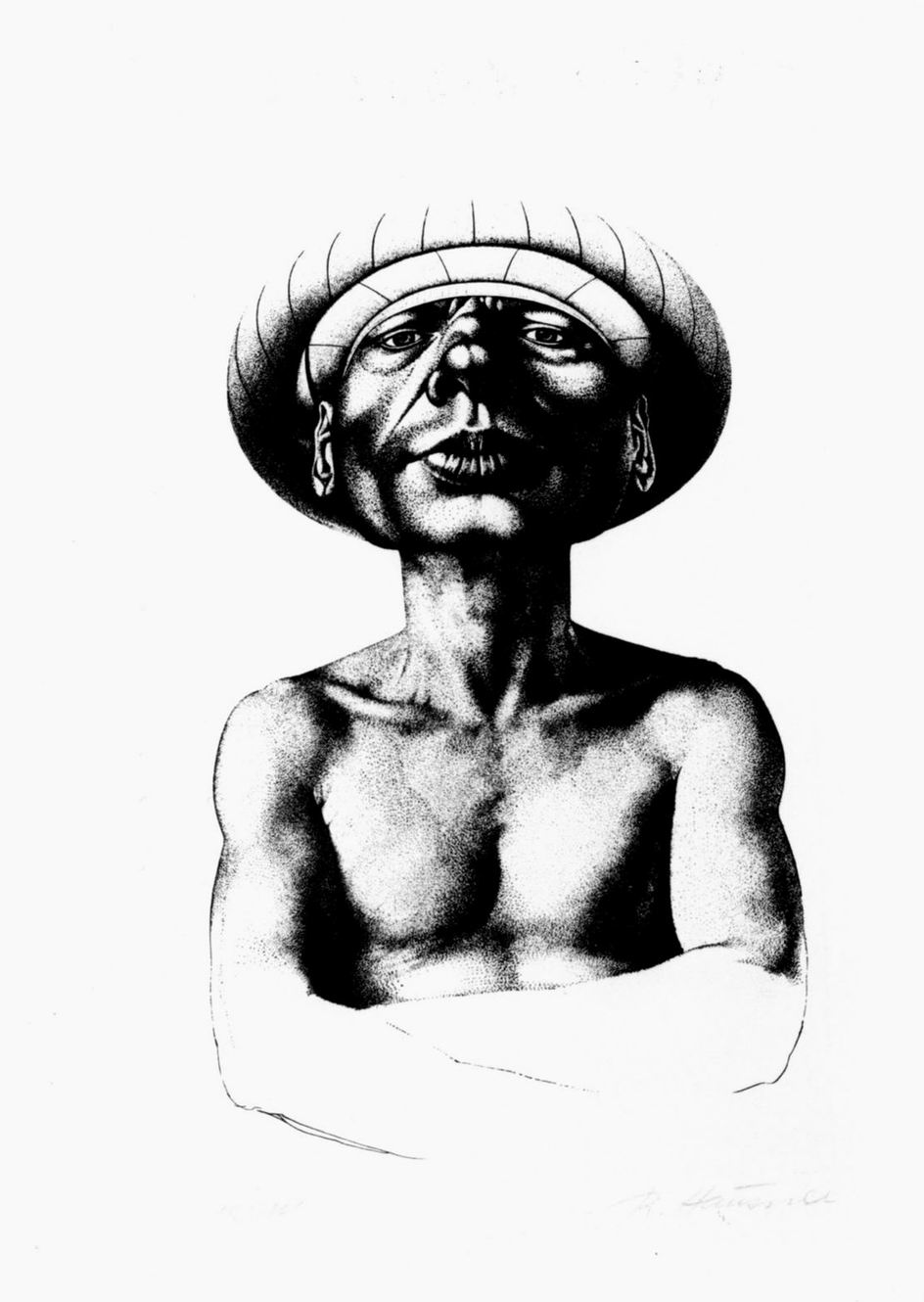 Adam mit verschränten armen, Uomo a mezzo busto con turbante e braccia incrociate (stampa) di Hausner Rudolf (sec. XX)