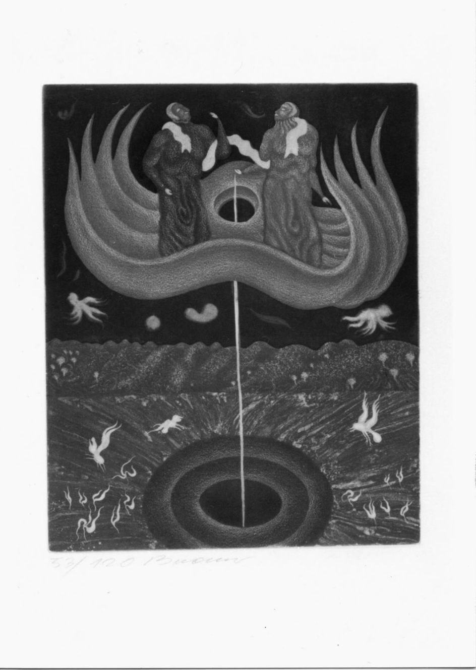 Auf einem dünnen stiel, Due figure dentro un fiore in un paesaggio fantastico (stampa a colori) di Braver Erich (sec. XX)