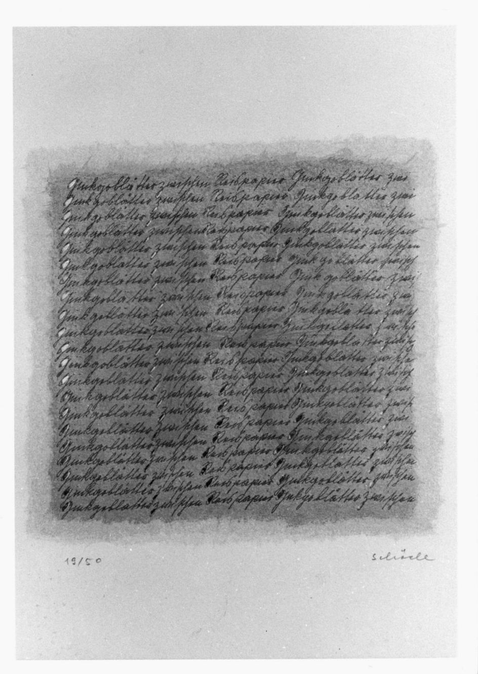Foglie di ginkobiloba e scritta ripetuta (stampa a colori) di Schödl Greta (sec. XX)