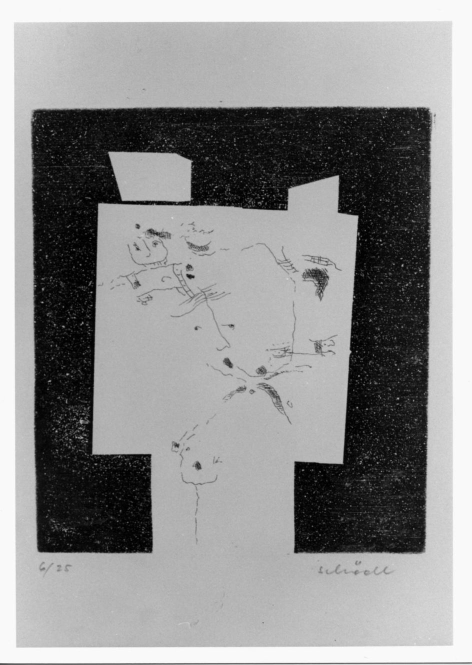 Fondo colorato con al centro zona bianca a forma di quadro su cavalletto con disegno di volti umani (stampa a colori) di Schödl Greta (sec. XX)