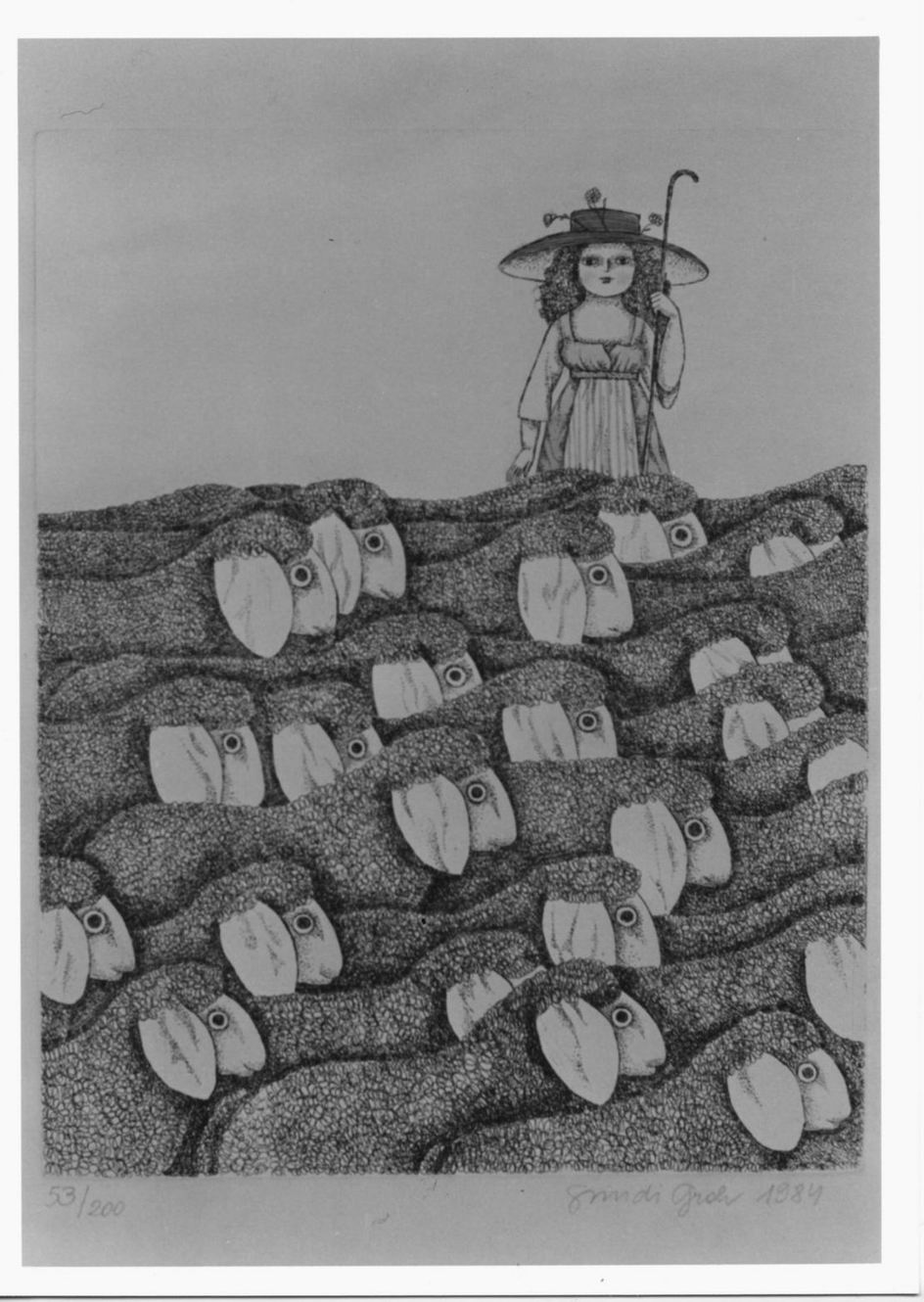 Pastorella con gregge (stampa a colori) di Groh Gundi (sec. XX)