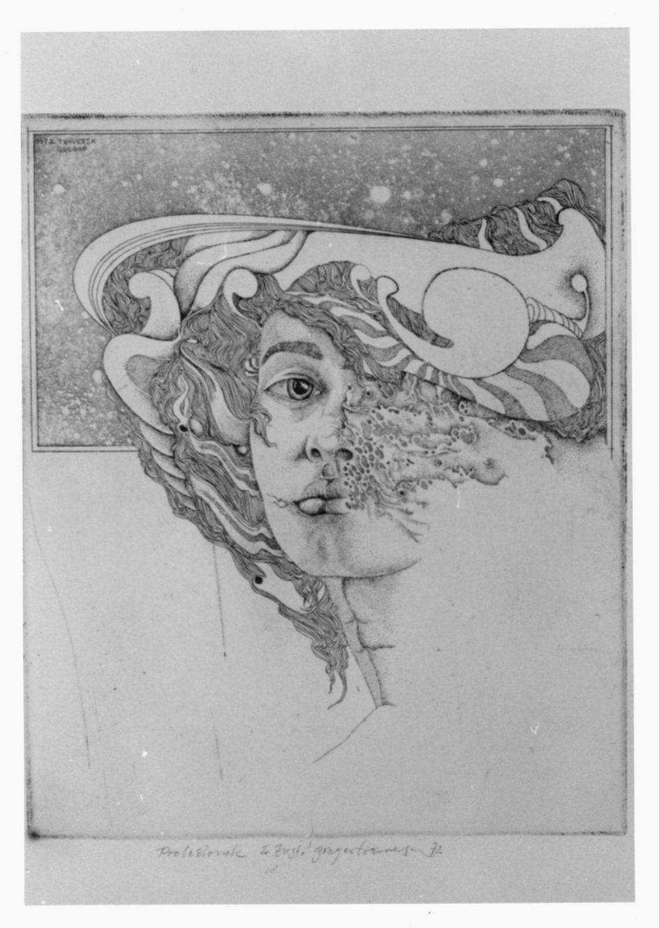 Der hahn, Testa femminile con cappello (stampa) di Traversa Gregor (sec. XX)