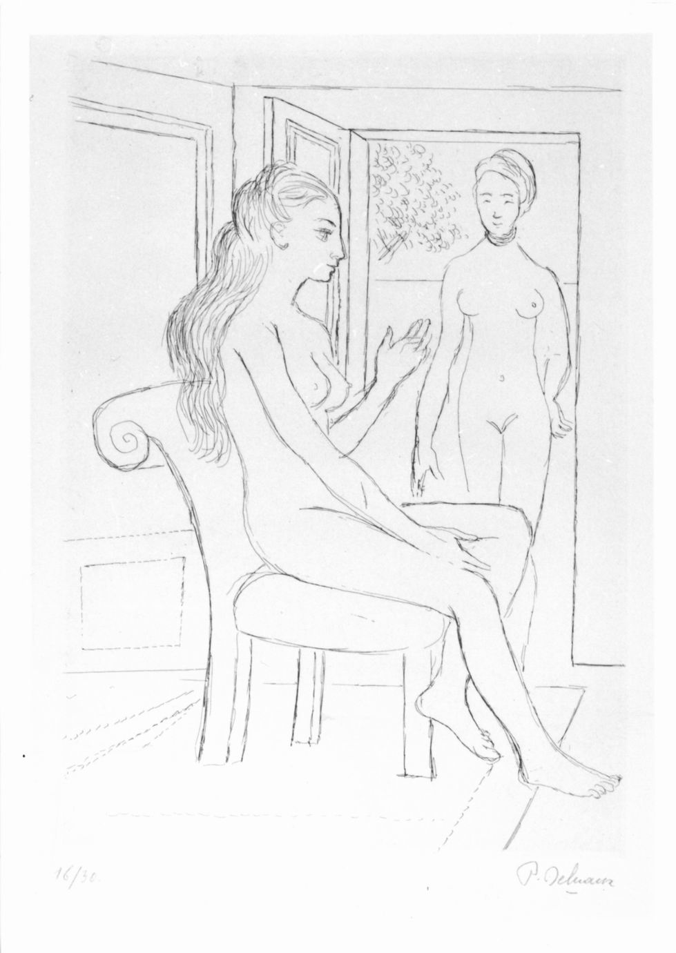 La visite, Interno con figura femminile seduta e altra in piedi (stampa) di Delvaux Paul (sec. XX)