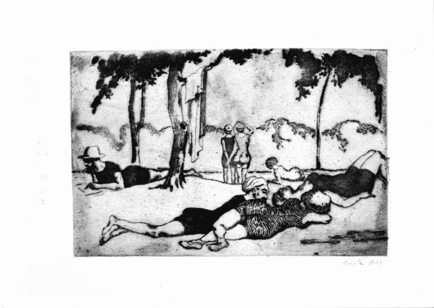 Figure distese e altre in piedi sotto alberi (stampa) di Orlik Emil (sec. XX)