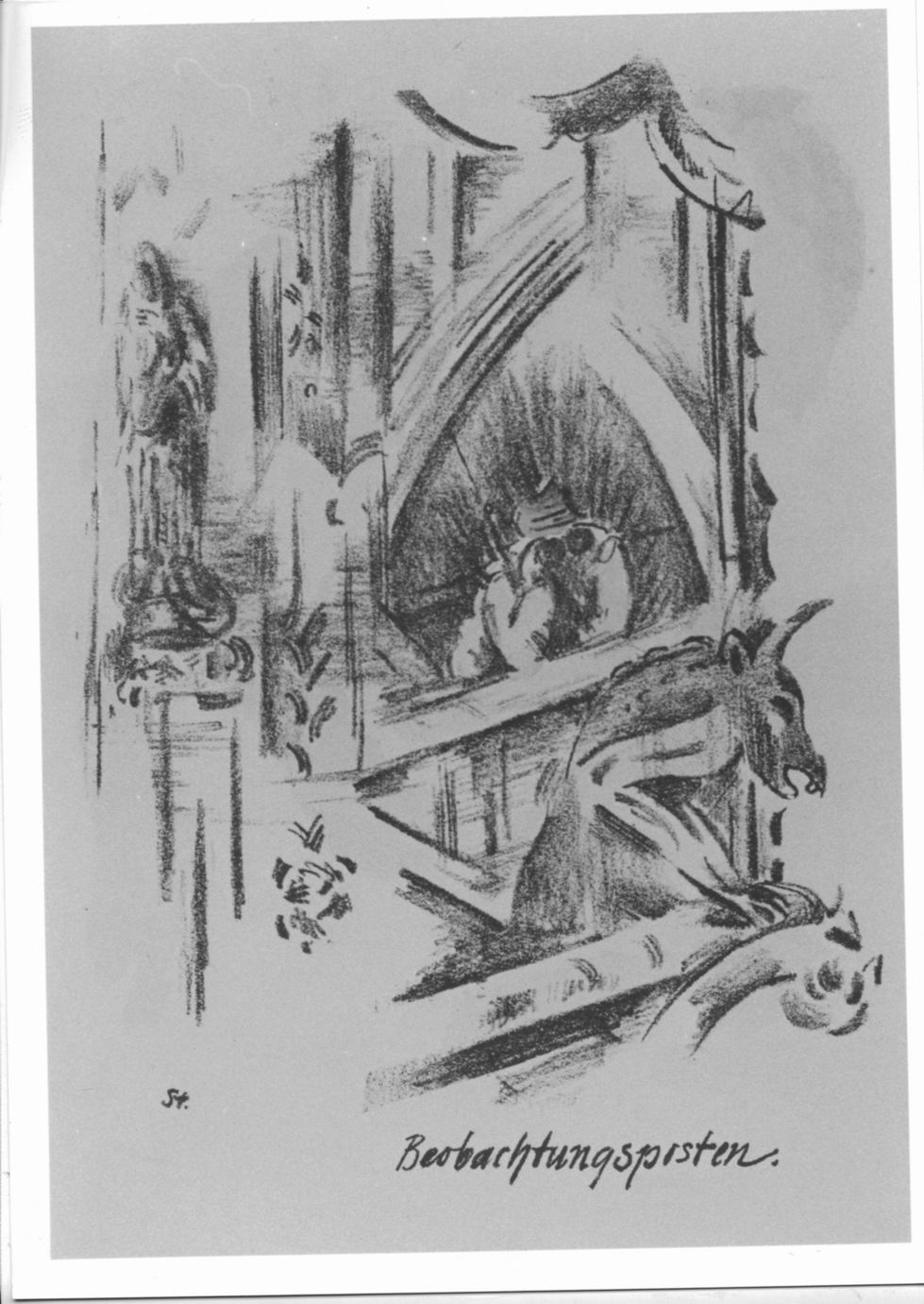 Sentinella in vedetta su cattedrale gotica (stampa colorata a mano) di Stein Otto (sec. XX)