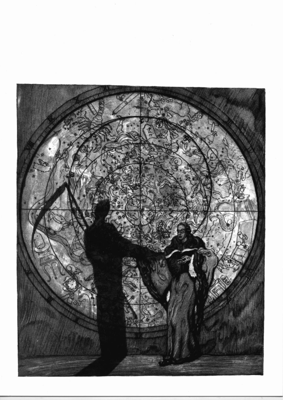 Figura spaventata dall'ombra della morte su fondo con simboli astrologici (stampa) di Teschner Richard (sec. XX)