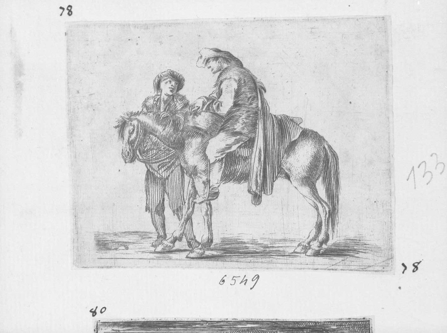 Contadino a cavallo diretto verso sinistra (copia in controparte), figura maschile (stampa tagliata) di Della Bella Stefano (CERCHIA) (sec. XVII)
