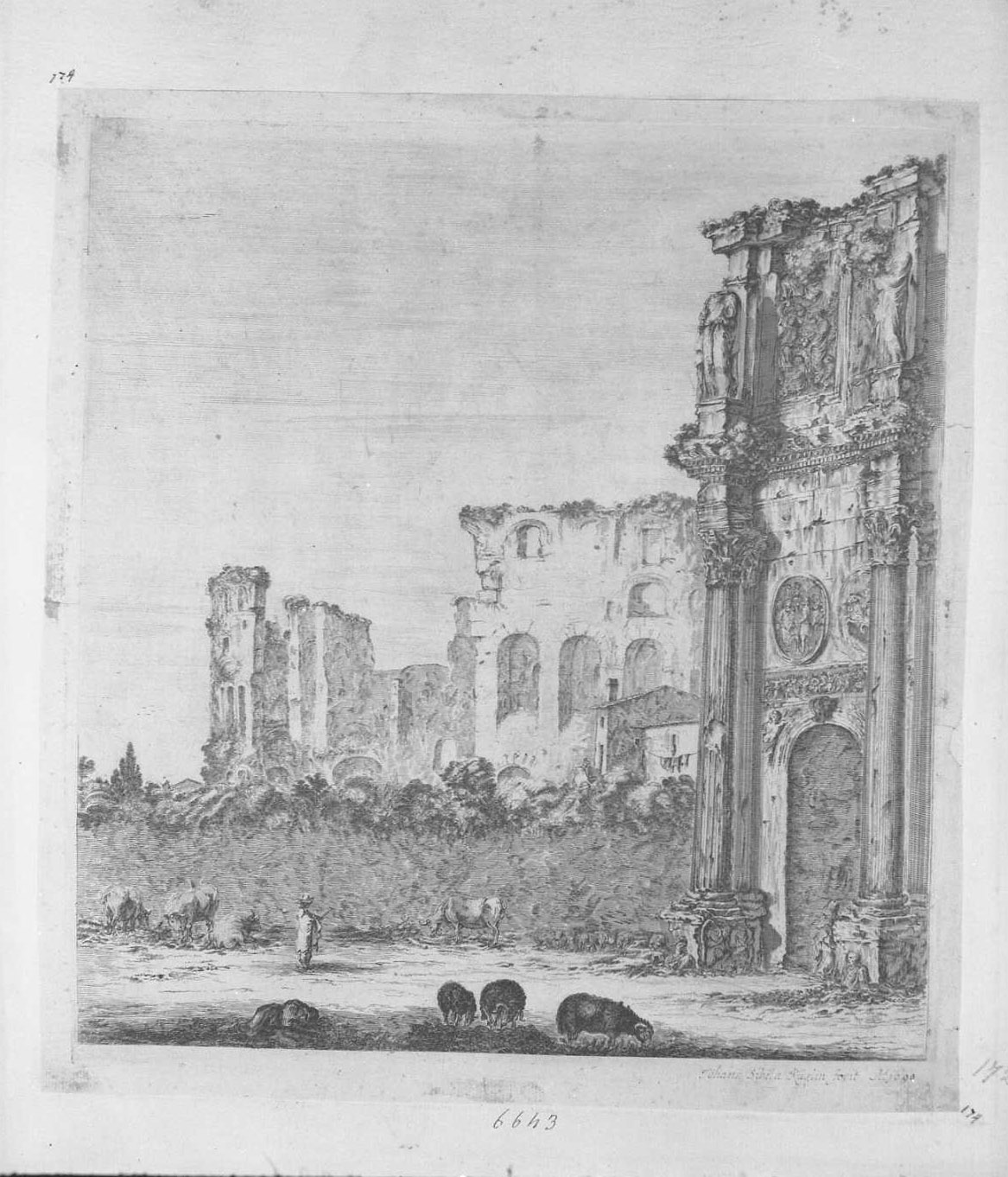 L'arco di Costantino (copia in controparte), erchitetture (stampa tagliata) di Kusel Johanna Sibilla (sec. XVII)