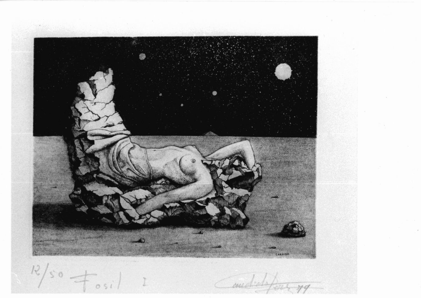 Figura femminile pietrificata in paesaggio con pianeti (stampa) di Perez Palma Candido (sec. XX)