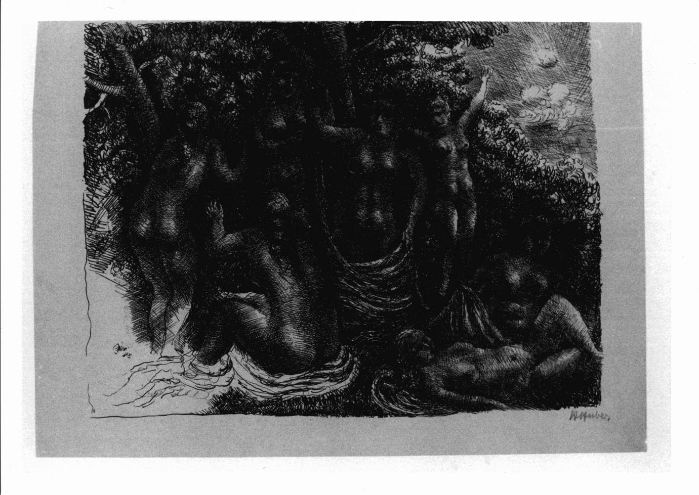 Nausicaa, Gruppo di fanciulle nude in un bosco (stampa) di Huber Hermann (sec. XX)