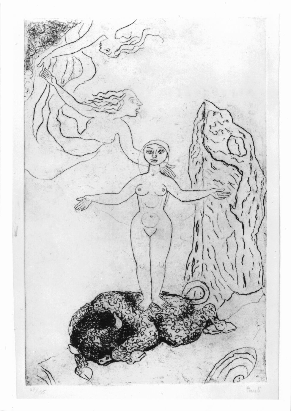 Viktoria, Nudo femminile in piedi su toro abbattuto (stampa) di Pauli Fritz (sec. XX)