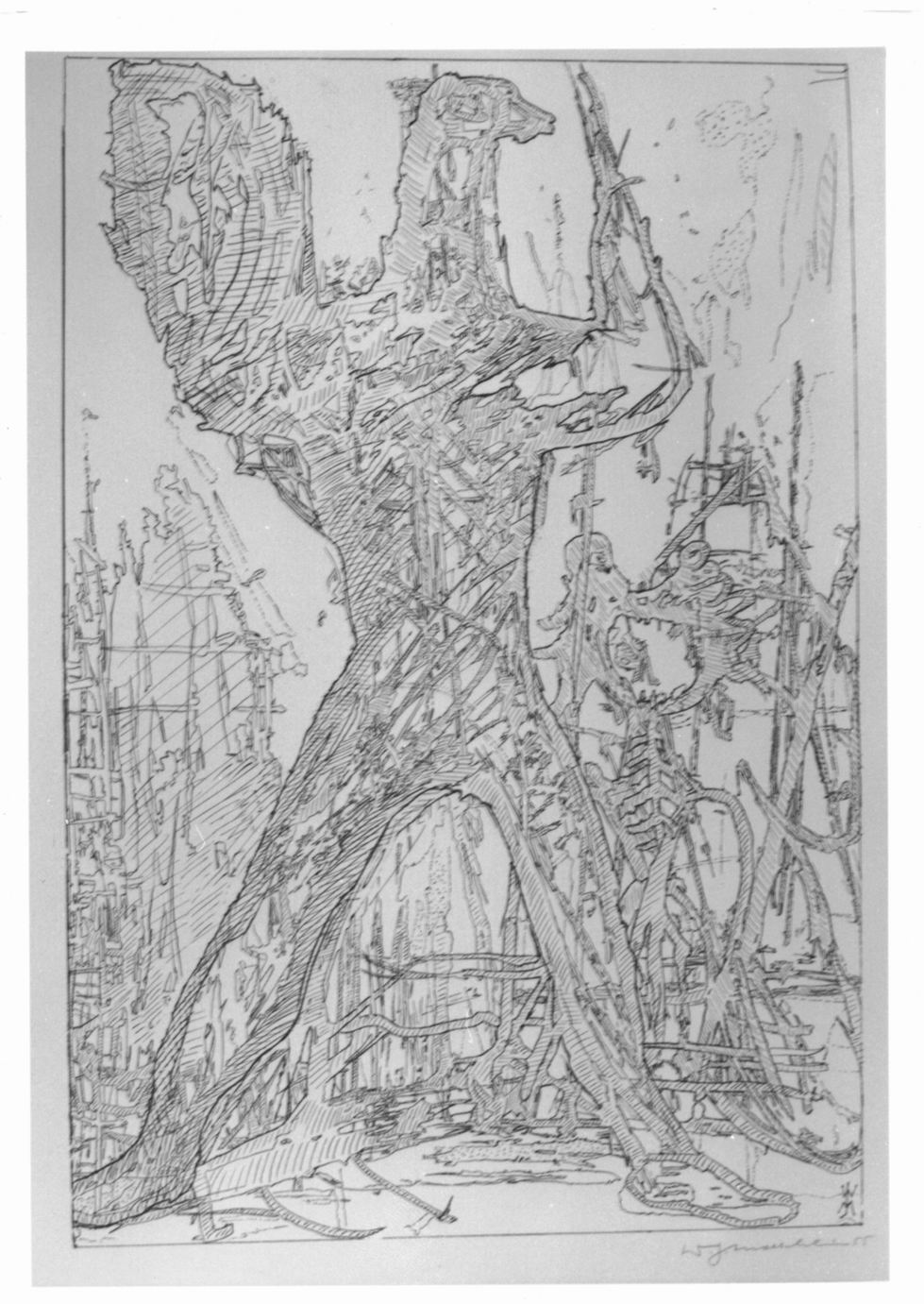 Distruzione, Figura mostruosa di uomo-lupo su sfondo di distruzioni belliche (stampa) di Moeschlin Walter Johann (sec. XX)
