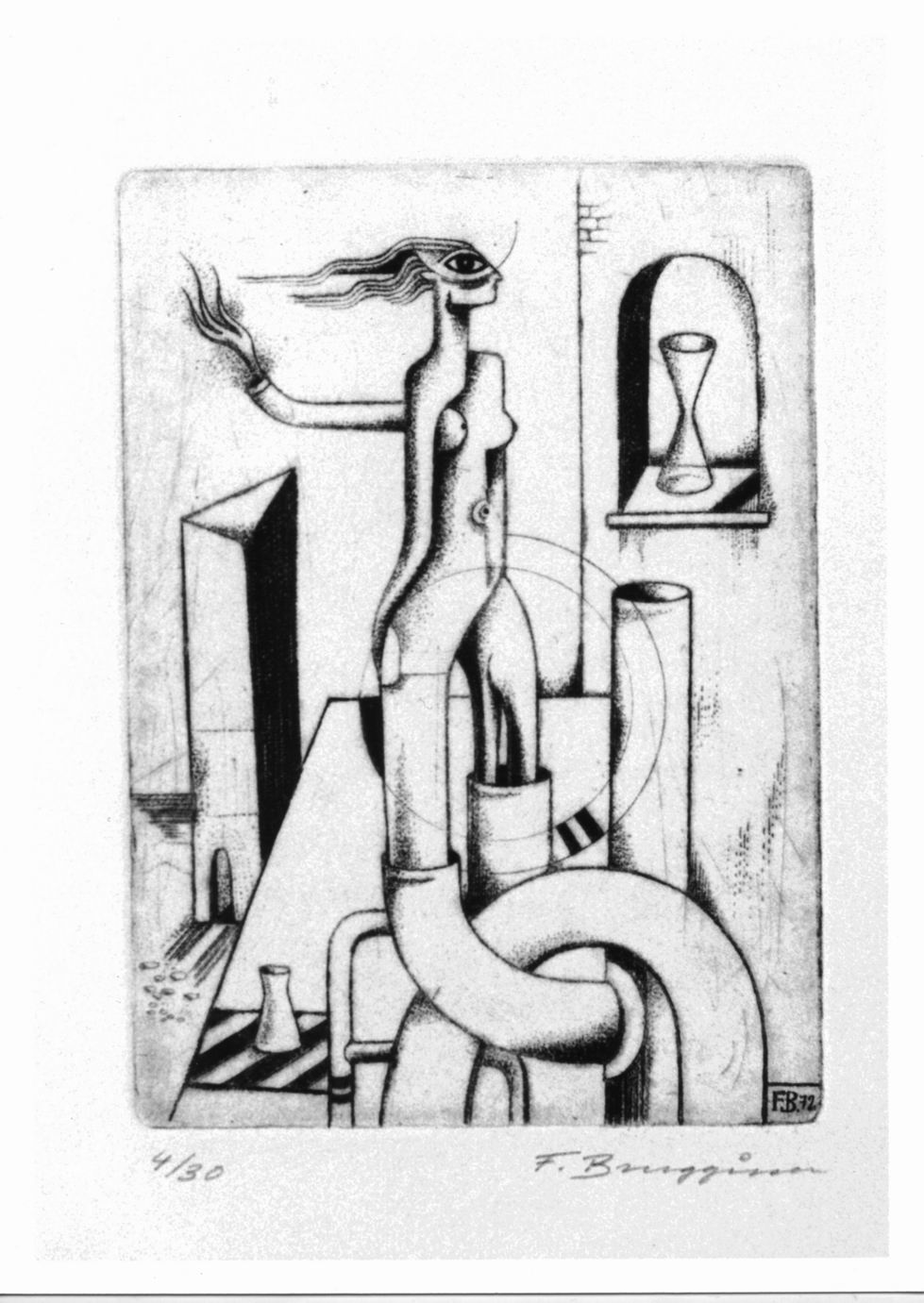Aus dem rohr, Figura femminile con tubi e architettura (stampa) di Brugisser Frank (sec. XX)