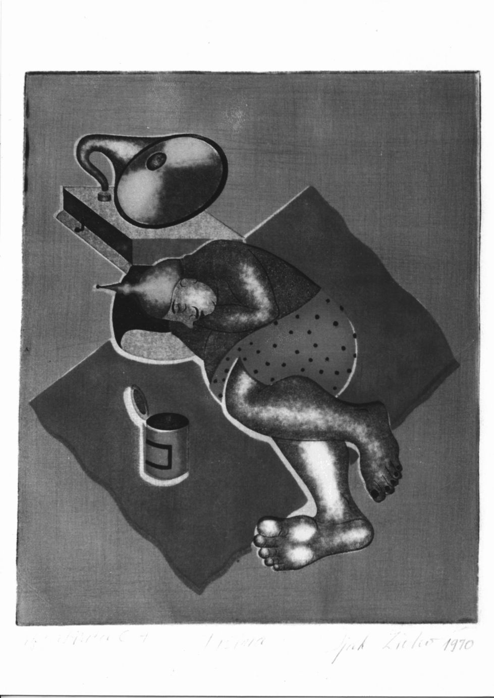 Uomo dormiente su tappeto, grammofono e barattolo (stampa a colori) di Djak Ziuko (sec. XX)