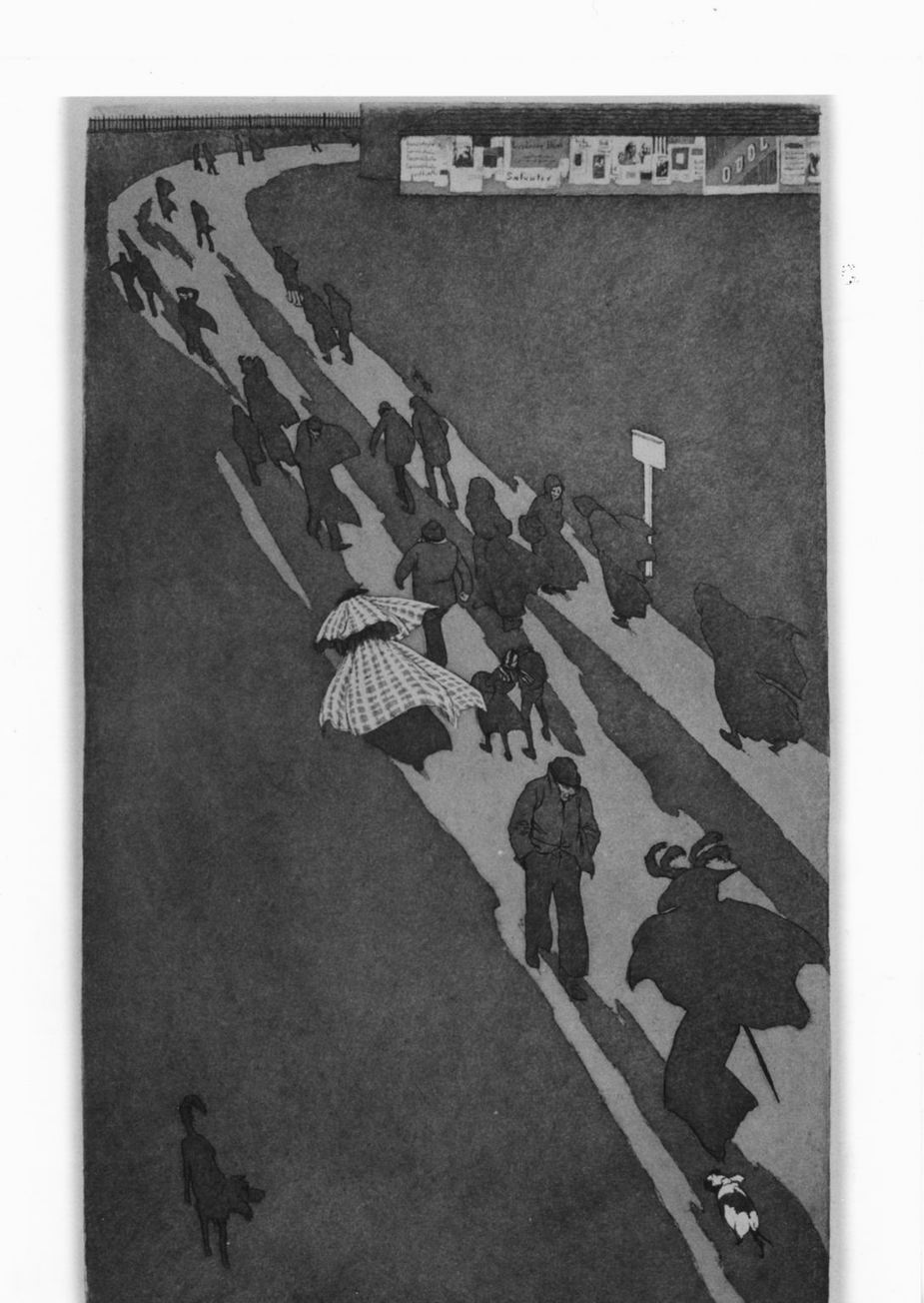 November, figure nel vento lungo una strada (stampa) di Kirchner Eugen (sec. XIX)