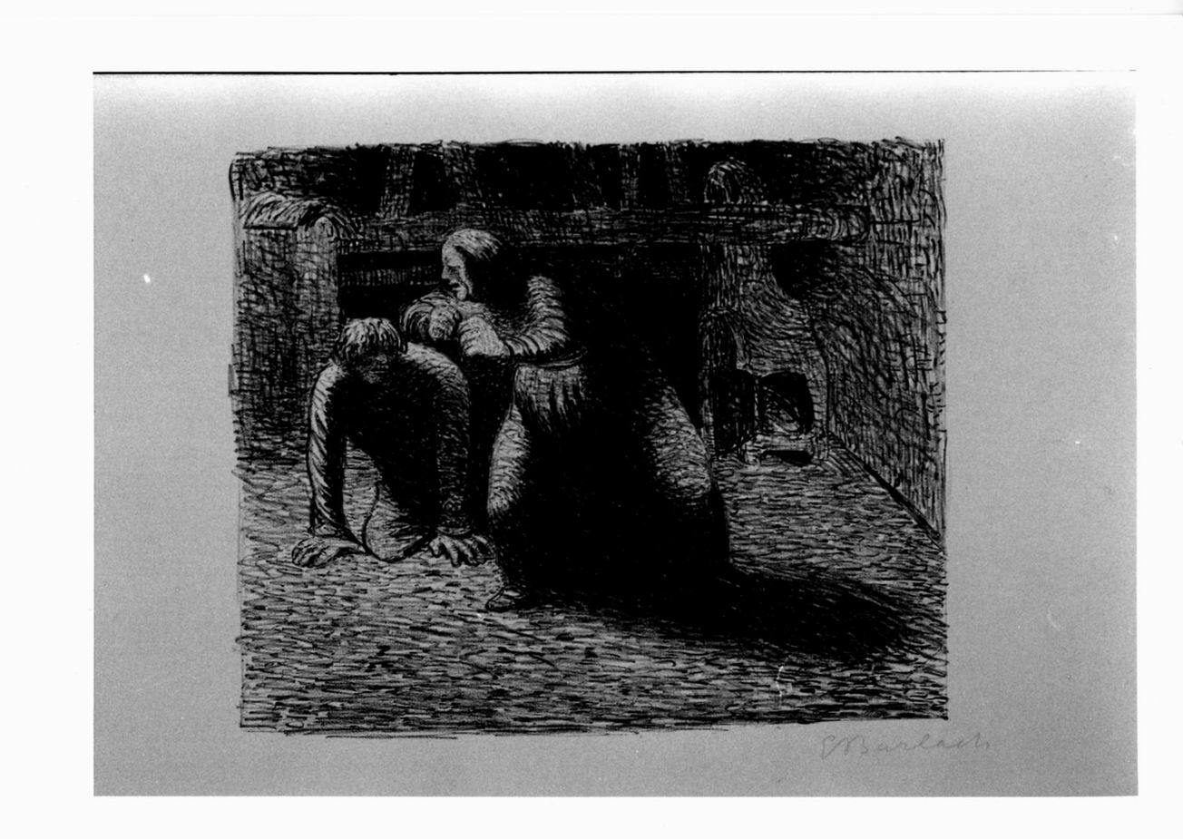 Verfluchtung, figura femminile in atto di maledire altra maschile inginocchiata (stampa, elemento d'insieme) di Barlach Ernst (sec. XX)