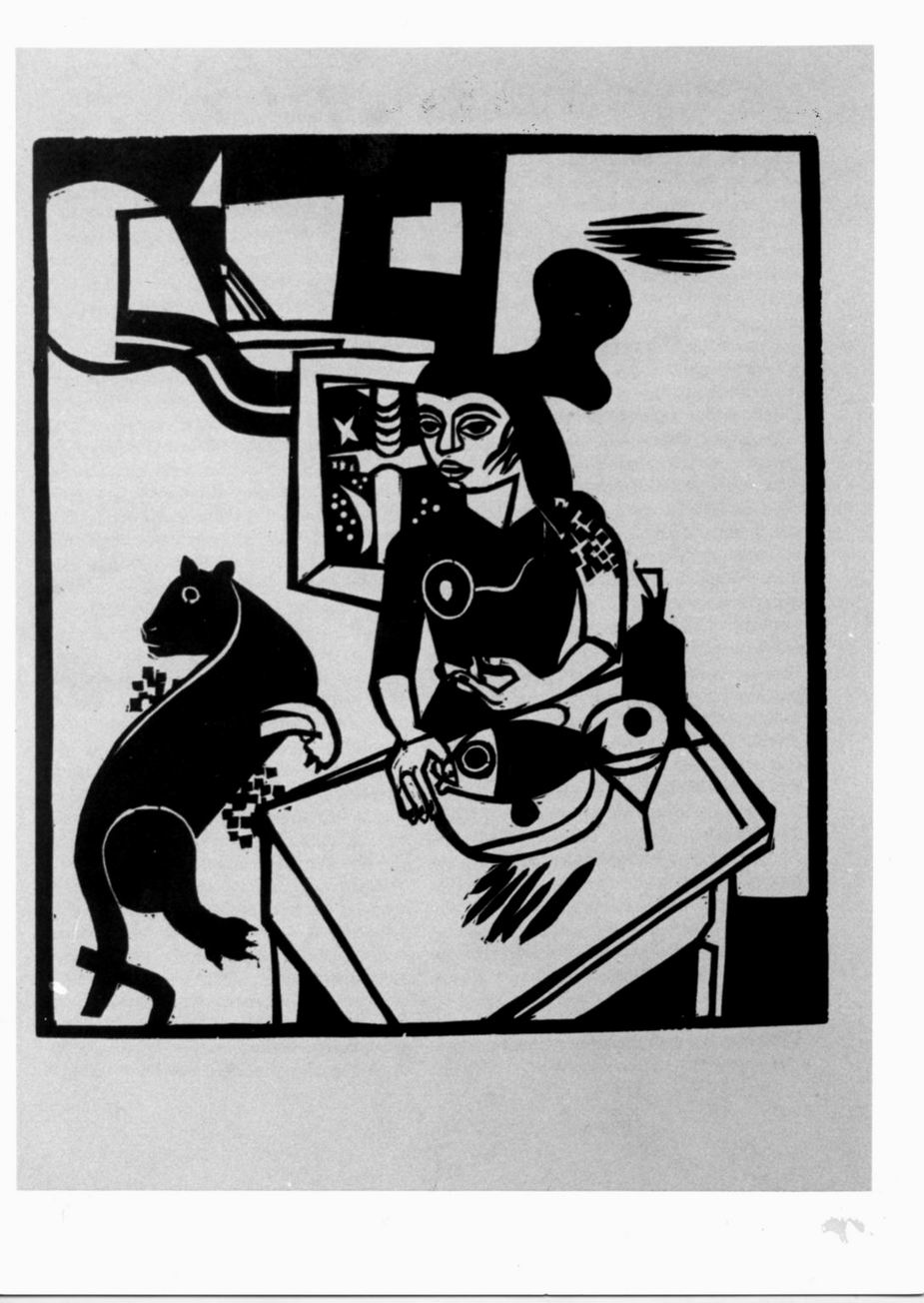 Frau mit Fisch, donna seduta a un tavolo con pesce e gatto (stampa) di Campendonk Heinrich (sec. XX)