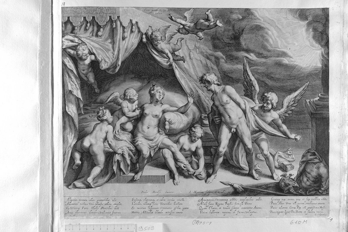 Venere sul letto con Marte e amorini (stampa) di Mathab Jacob (sec. XVII)
