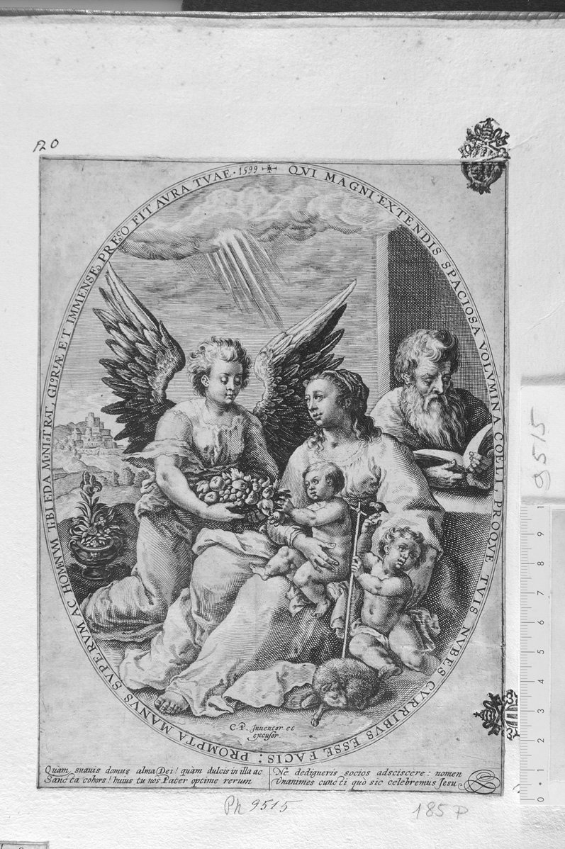 Sacra Famiglia con San Giovannino e angelo che offre frutta (stampa) di De Passe Cryspin I (sec. XVII)