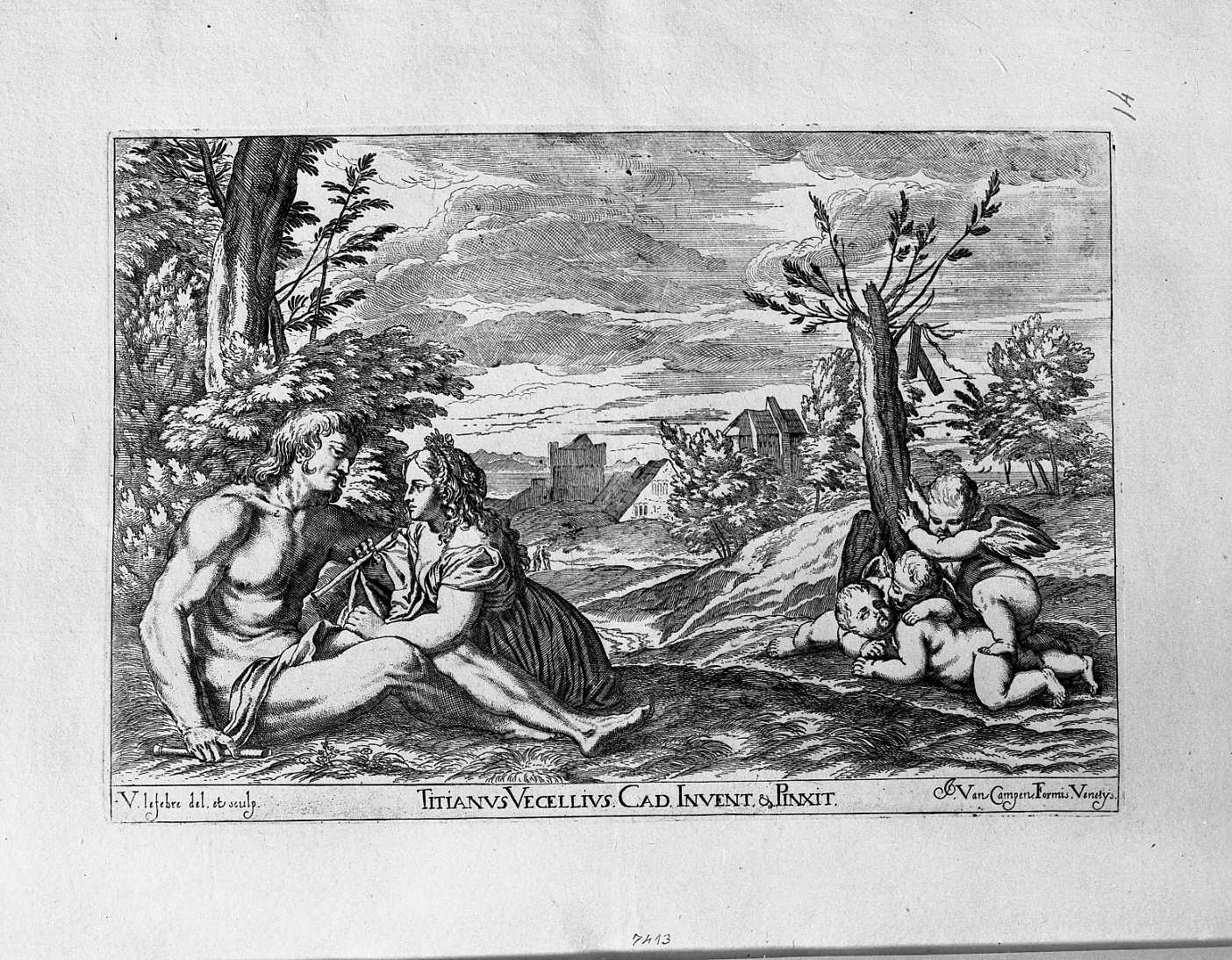 Paesaggio con fiume e fanciullo con piffero (stampa) di Le Fevre Valentin (sec. XVII)