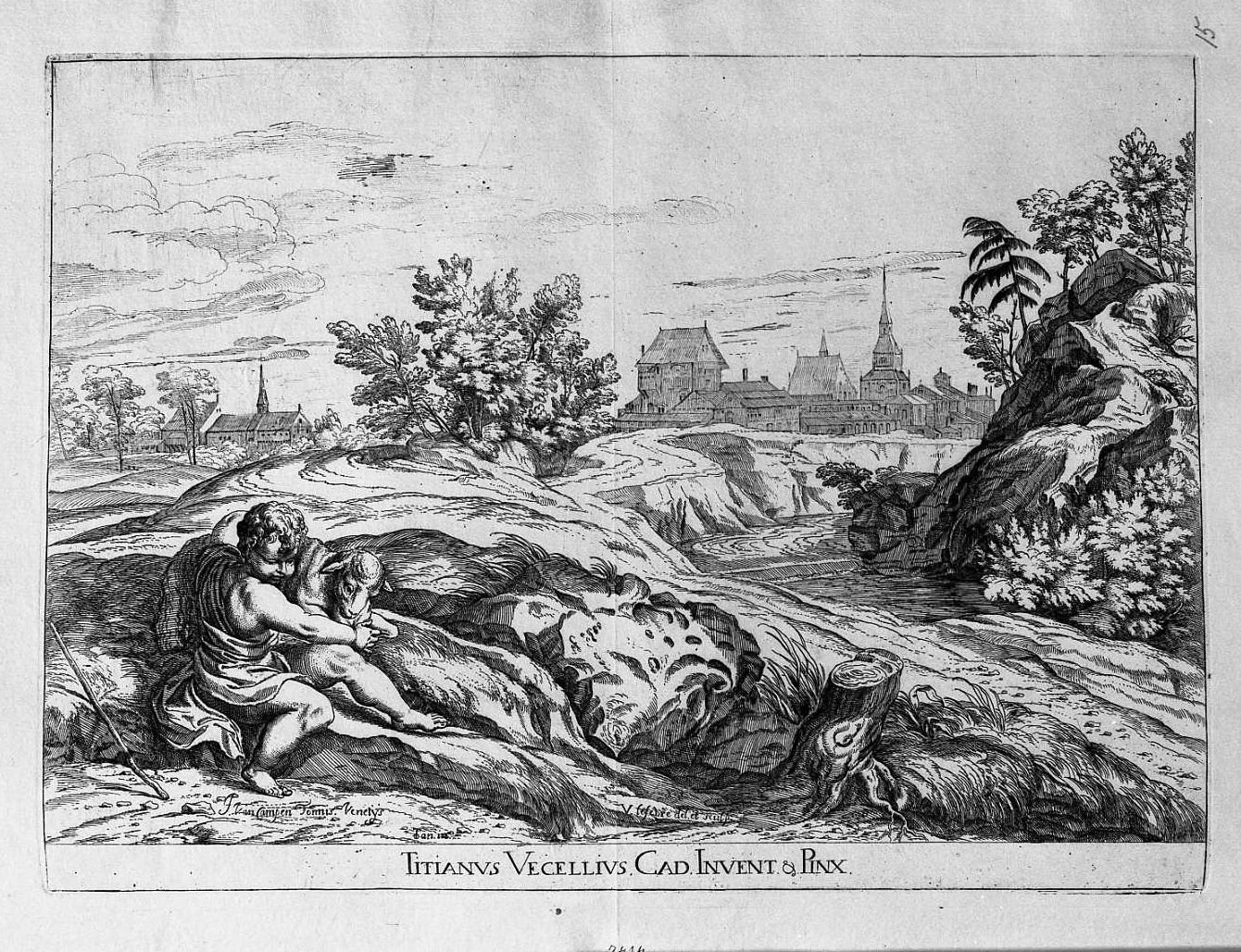 Paesaggio con san Giovannino che abbraccia un agnellino (stampa) di Le Fevre Valentin (sec. XVII)