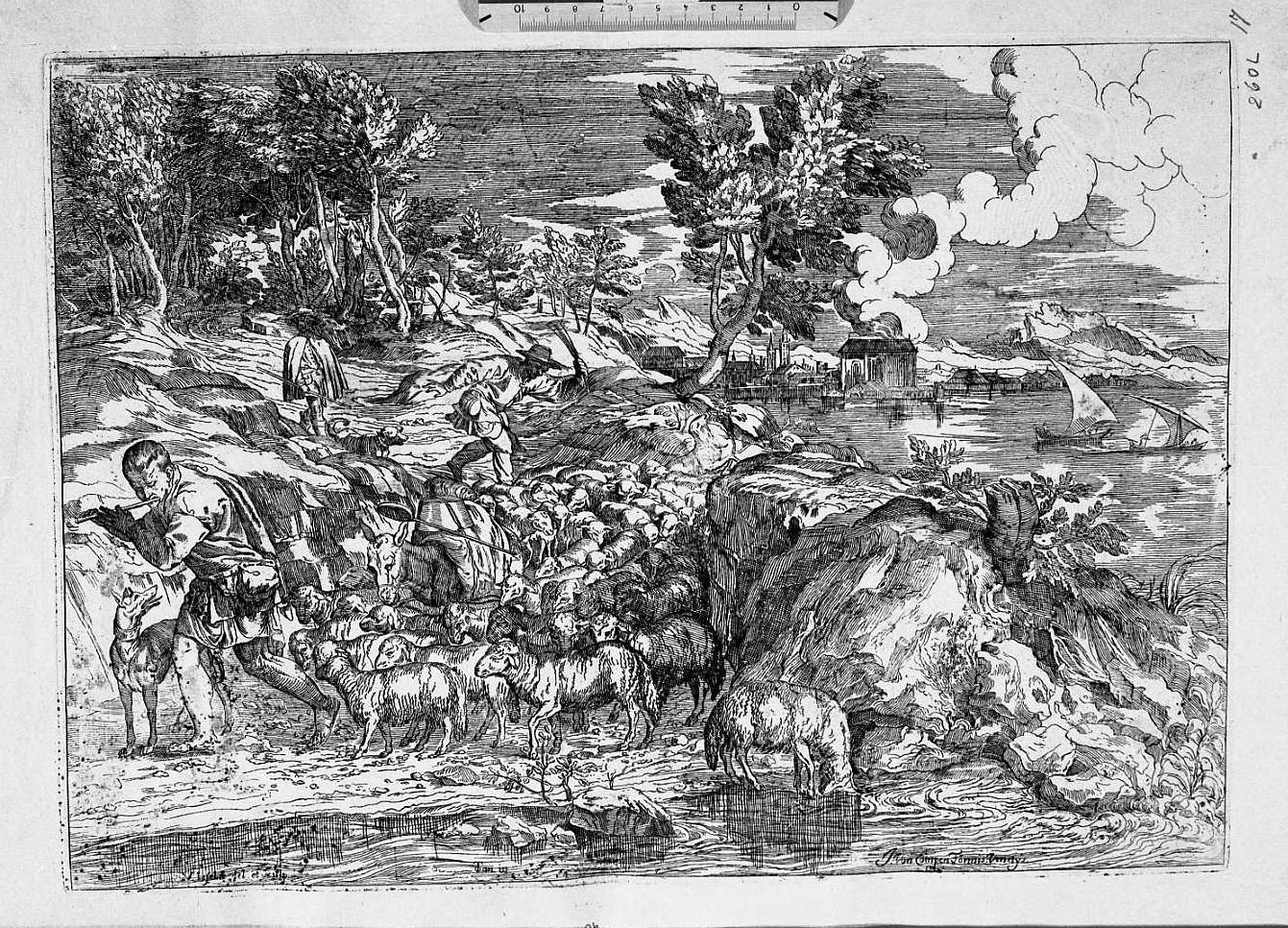 Paesaggio con gregge e pastore che suona un piffero (stampa) di Le Fevre Valentin (sec. XVII)