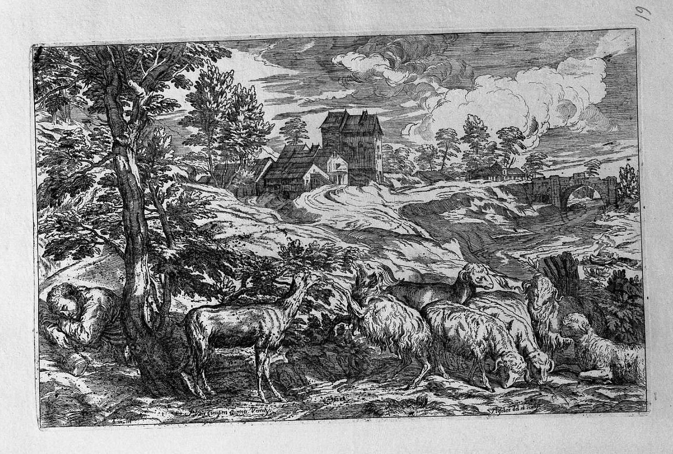 Paesaggio con pecore, capre e pastore che dorme (stampa) di Le Fevre Valentin (sec. XVII)
