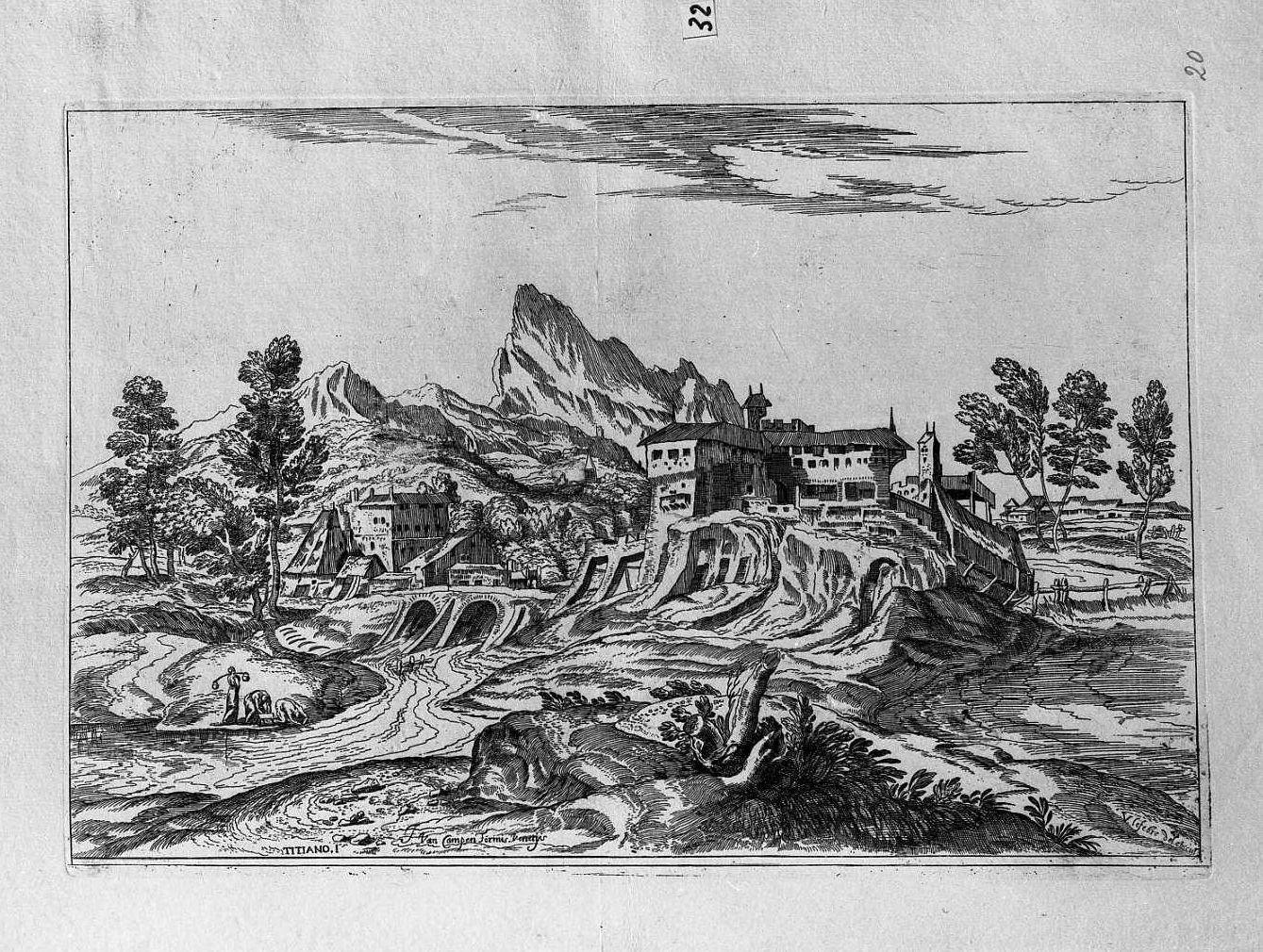Paesaggio con donne che lavano al fiume (stampa) di Le Fevre Valentin (sec. XVII)
