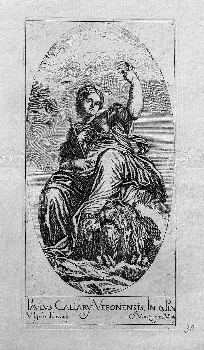 Donna (Venezia) con scettro in mano e piede su leone (stampa) di Le Fevre Valentin (sec. XVII)