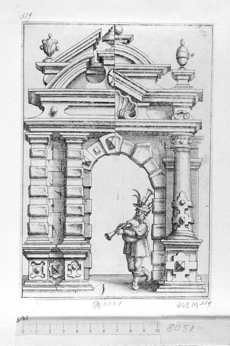 1. Disegno architettonico per un ponte e uomo che suona la cornamusa (stampa) di Meyer Daniel (sec. XVII)