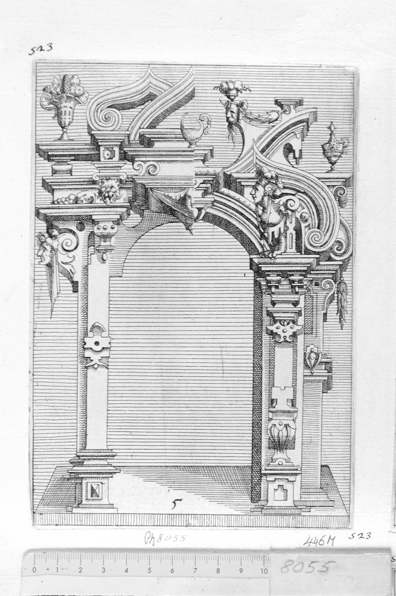 5. Portone con vasi e grotteschi (stampa) di Meyer Daniel (sec. XVII)
