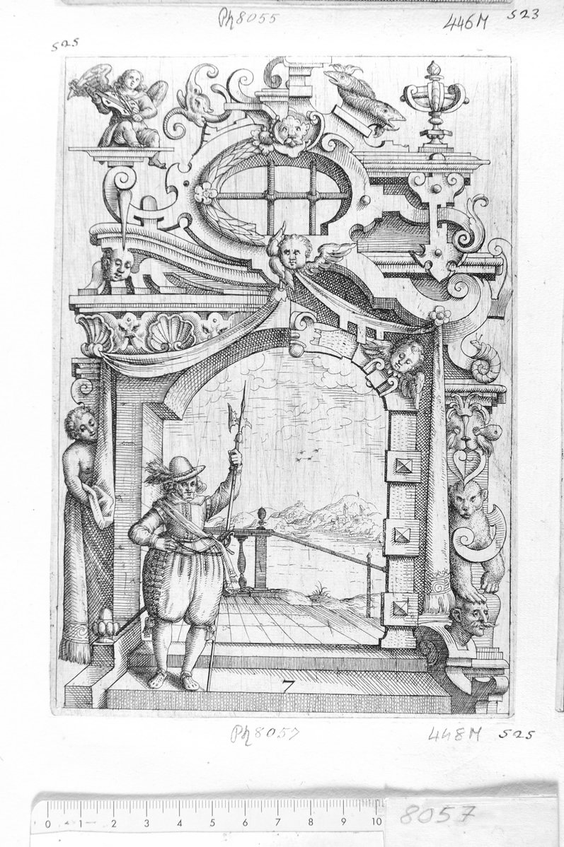 7. Portone e un soldato che si appoggia alla lancia (stampa) di Meyer Daniel (sec. XVII)