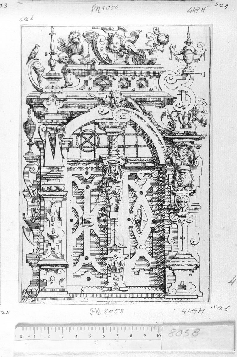 8. Portone con decorazione di un angelo con teschio in mano (stampa) di Meyer Daniel (sec. XVII)