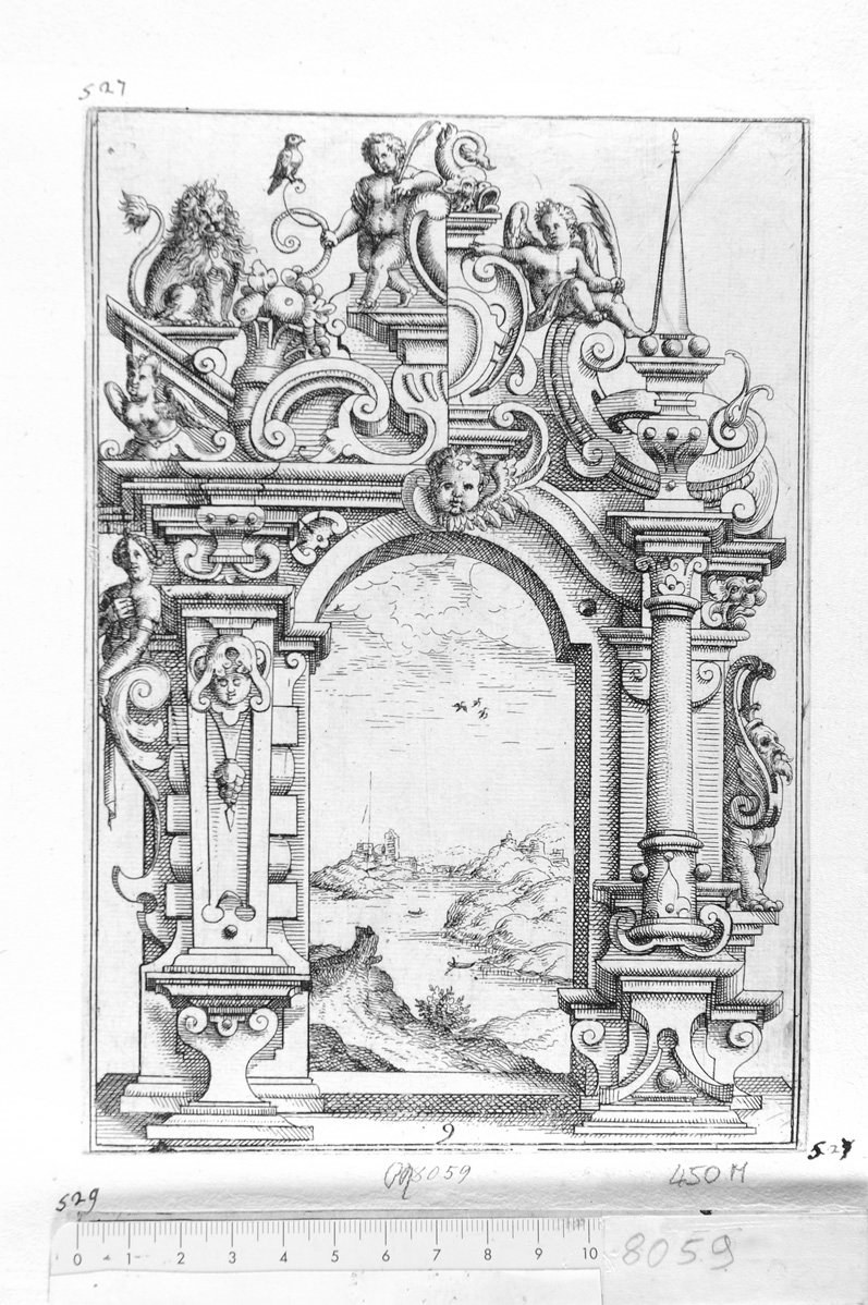 9. Portone con decorazione di due puttini e un leone (stampa) di Meyer Daniel (sec. XVII)