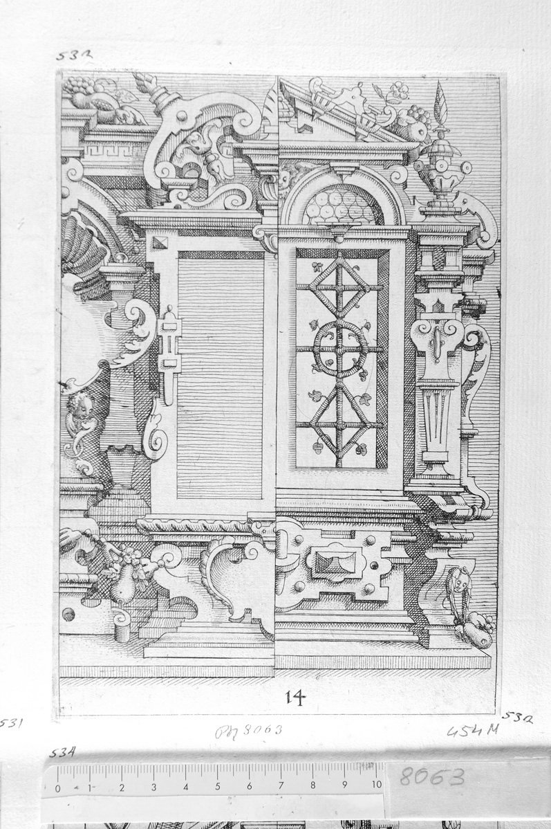 14. Disegno architettonico con inferiata (stampa) di Meyer Daniel (sec. XVII)