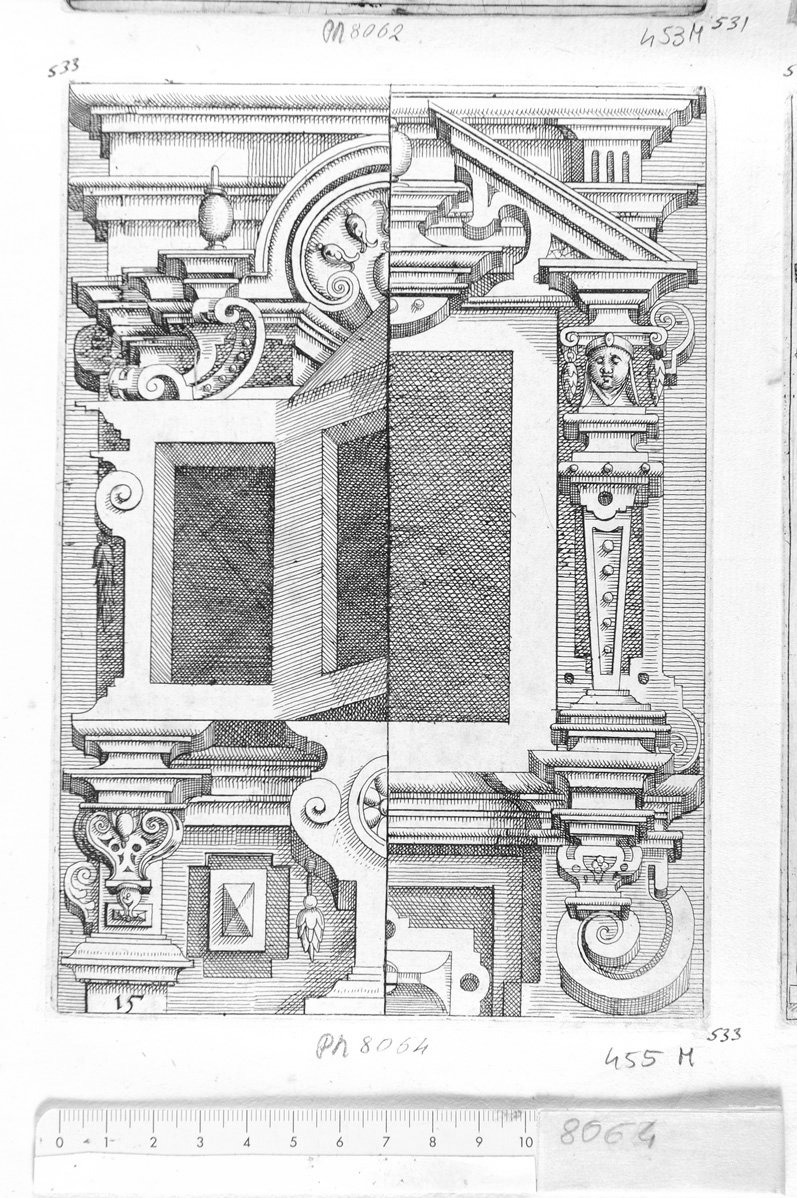 15. Disegno architettonico con inferiata (stampa) di Meyer Daniel (sec. XVII)