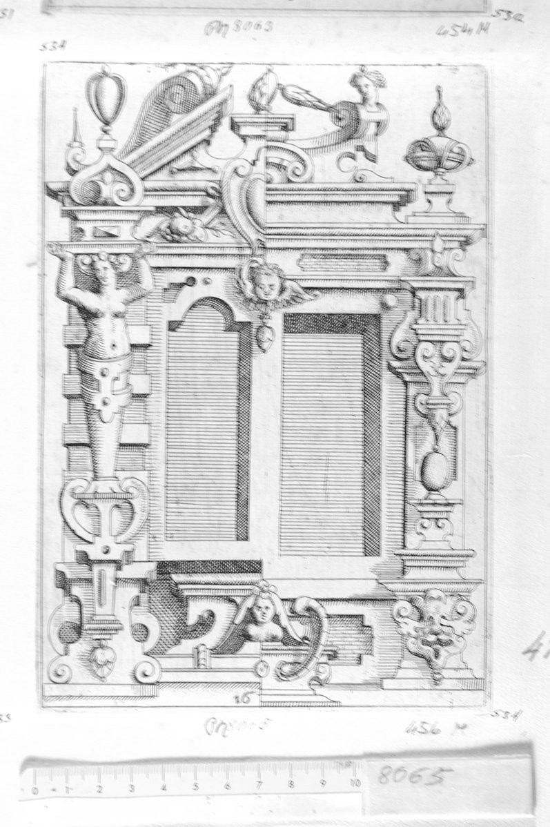 16. Disegno architettonico con inferiata (stampa) di Meyer Daniel (sec. XVII)