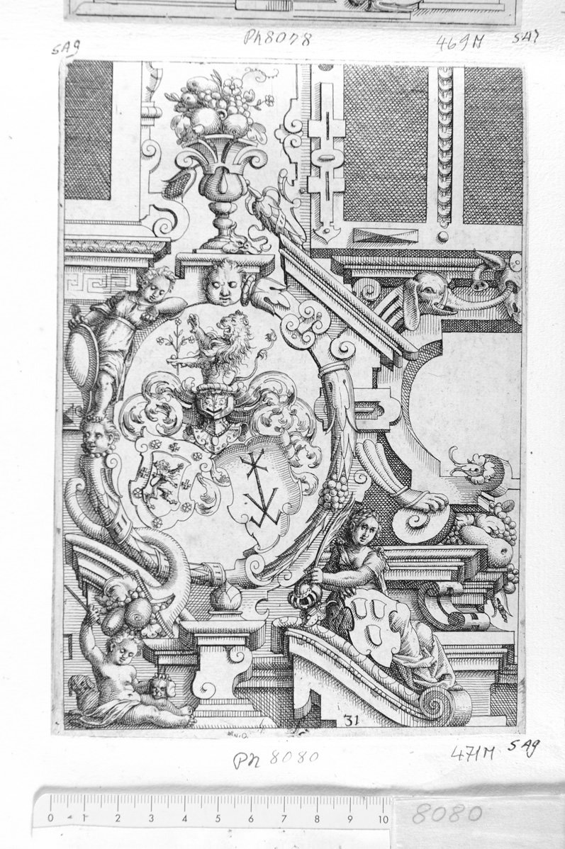 31. Disegno architettonico con stemma in ovale e figure allegoriche (stampa) di Meyer Daniel (sec. XVII)