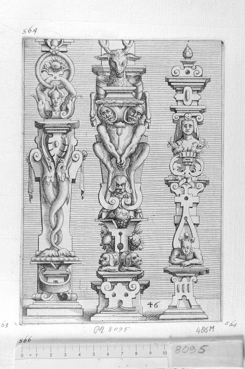 46. tre ornati a guisa di colonne (stampa) di Meyer Daniel (sec. XVII)