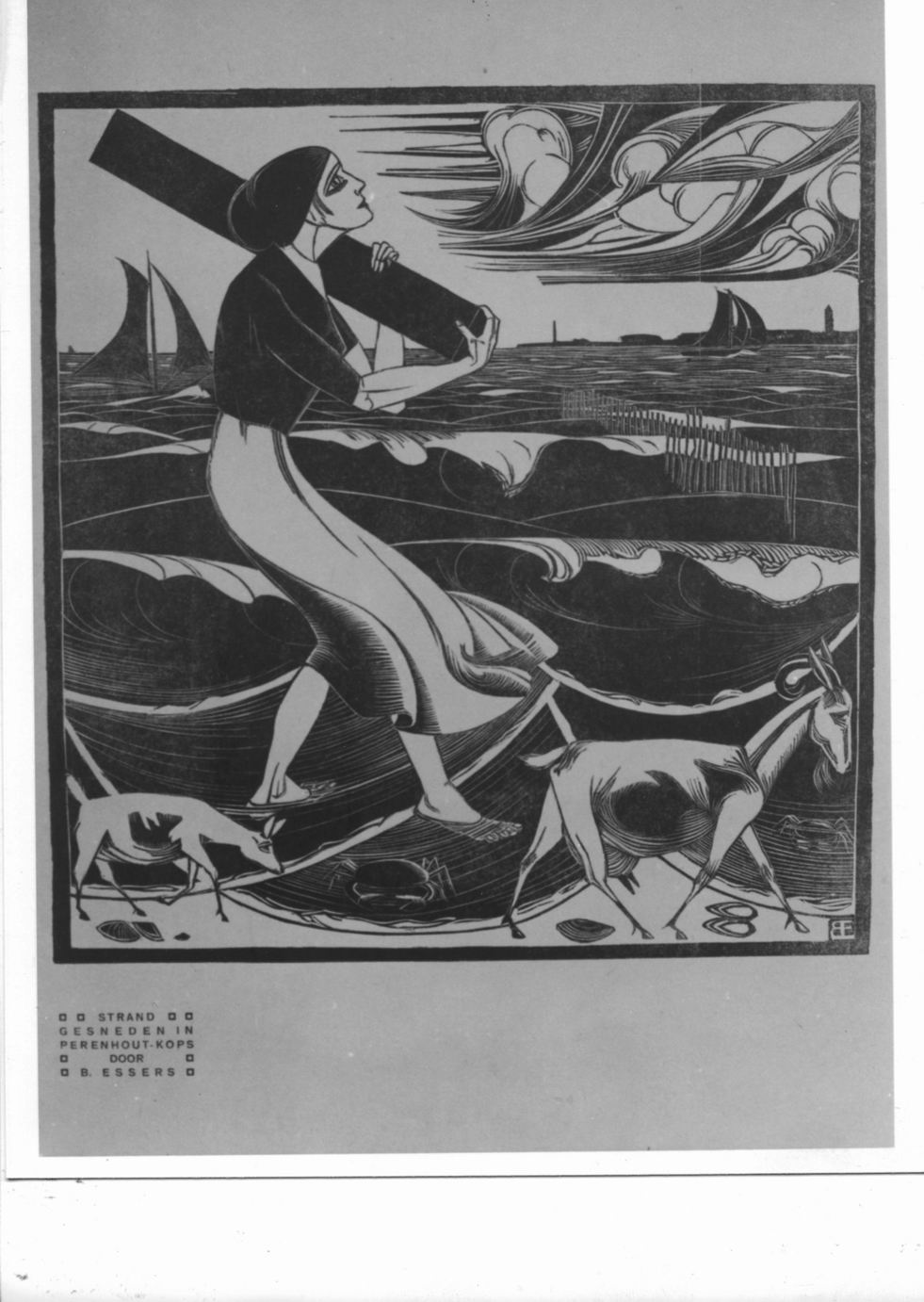 figura femminile con trave e caprette sulla riva del mare (stampa) di Essers Bernard (sec. XX)